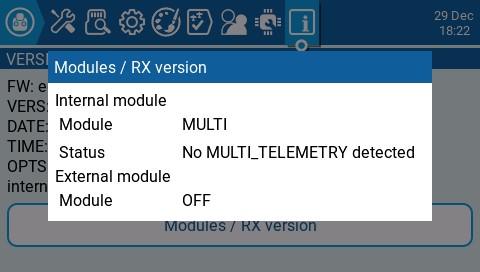Екран Modules / RX Version